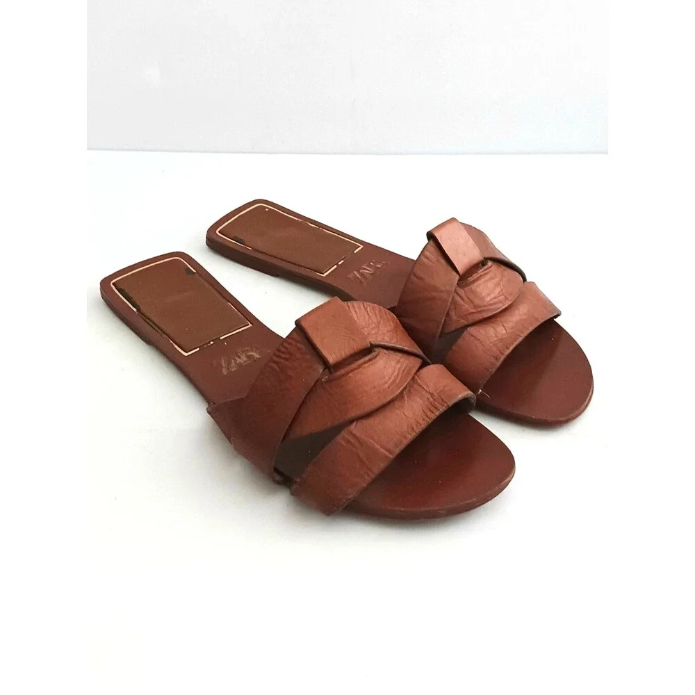 ZARA Brown Braided Leather Flat Slide Sandals EU 38 US 7-7.5 - Picture 7 of 10